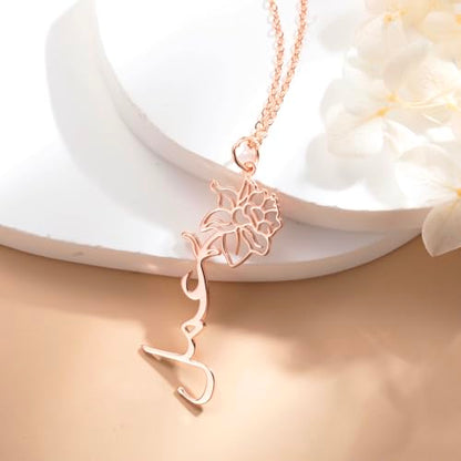 Personalized Birth Flower Arabic Name Necklace Islamic Gift for Her Custom Arabic Necklace for Women Arabic Font Necklaces Arabic Gift Gold Arabic Alphabet Muslim Name Necklace Minimalist Necklace - style: Vertical
