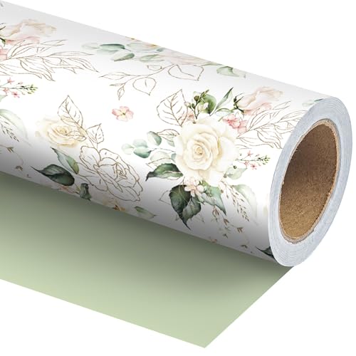 WRAPLULU Floral Wedding Wrapping Paper Roll - 17.5 Inches * 26 Ft - Reversible Gift Wrap with Green Solid Back, Perfect for Wedding Bridal Shower Birthday Valentine’s Day - color: Green Wedding