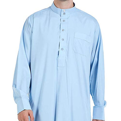 Men Arabic Long Sleeve Pure Color Thobe Crew Stand Collar Kaftan Robe with Button - color: Sky Blue, size: Small