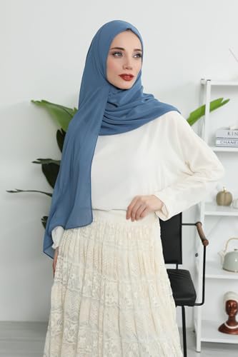 Aisha's Design Instant Chiffon Shawl for Women Modesty Turban Hijab Head Wrap Ready to Wear Women Headscarf - color: Indigo