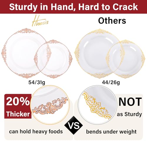Hioasis 175pcs Clear Rose Gold Plastic Plates - Elegant Disposable Dinnerware Set Suitable for 25 Guests Include 10.25" Dinner & 7.5" Dessert Plates, Cutlery, Napkins, Cups for Party - color: Clear and Rose Gold