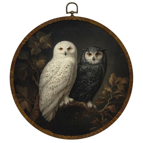 KLYTINK Vintage Owl Wall Art Decor,Retro Bird Mid Century Modern Wall Art Canvas Frame Hanging Prints, Vintage Animal Round Wall Art Decor for Bedroom,Best Gifts for Family Friends 10"x10" (BY0611) - color: Neutral