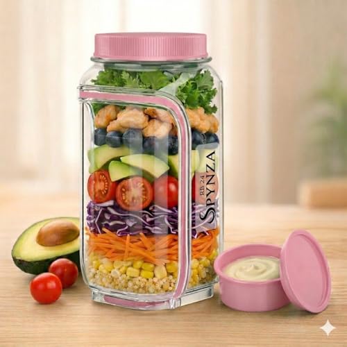 Salad jar with side opening , storage container with Dressing Cup – Leakproof Portable Salad Container with Dressing Cup & Lid, Lid-to-Bowl Design for Office, Gym, Travel, Picnic - Blush Pink - color: Blush Pink