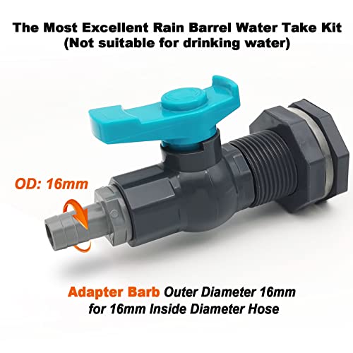 Rain Barrel Spigot PVC Faucet Kit Water Diverter Kit with Bulkhead Fitting, Ball Valve, Garden Hose Barb(16mm) Adapter, Pipe Clamps, Thread Tape, Hole Saw(for 16mm ID Hose) - size: For 16mm ID hose