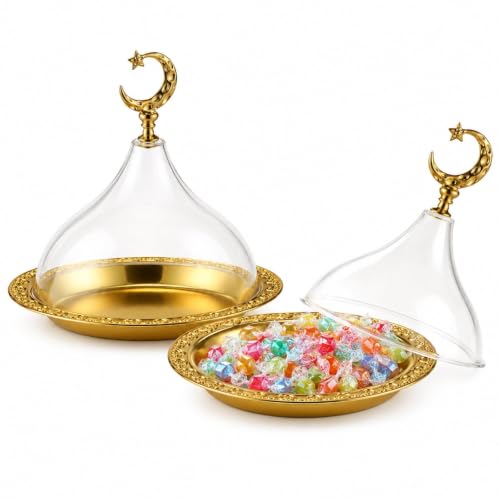 2 Pcs Ramadan Plates, Gold Serving Trays with Lids, 5.9 in Dessert Containers, Metal Plate Dish with Moon Star Handle for Eid Mubarak Candy Nuts Fruit Party Table Decor