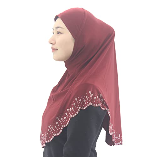 Instant Hijab Scarf for Women Muslim Women Clothing Headscarf for Girls with Czech Rhinestone - color: Wine Red-wavy Edge