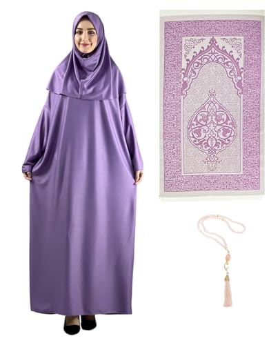 Prien Women Prayer Dress With Hijab Rug Tasbih Muslim Set Islamic Clothes Abaya Jilbab Dubai Kaftan For Eid Ramadan - color: Lilac