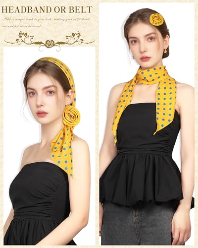 Chiffon Scarf for Women, Removable Flower Neck Scarf Light Soft Fashion Rose Scarves Versatile Headband or Hair Band - color: Yellow Blue Polka Dot