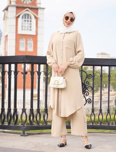 ODIZLI Women's Muslim 2 Pieces Sets Long Sleeve Button Down Shirt and Pants Abaya Casual Dress Dubai Outfits - color: Champagne, size: Large