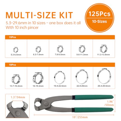 125PCS Sieqioor 10 Sizes Single Ear Clamp Kit,304SS 5.3-29.6mm, With Pincer | 304 Stainless Steel Single Ear Hose Clamp, Stepless Hose Clamps Cinch Rings for Automotive, Home Appliance Line and Plumbing - size: 125pcs+1pcs Pincer