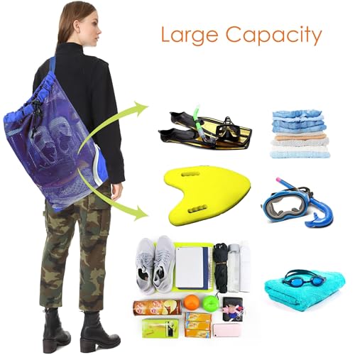 BeeGreen Mesh Drawstring Bag Swim Backpack for Beach Pool Sports Gym Draw String Cinch Bags for Swimming Soccer Basketball Gear Blue - color: Blue, style: Mesh Bag