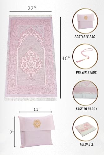ihvan online Muslim Prayer Rug with 99 Beads Tasbih & Travel Bag, Soft Taffeta Sajadah, Lightweight & Foldable Janamaz, Portable Prayer Mat, Islamic Gift for Eid, Ramadan, Hajj & Umrah, Dusty Pink - color: Dusty Pink