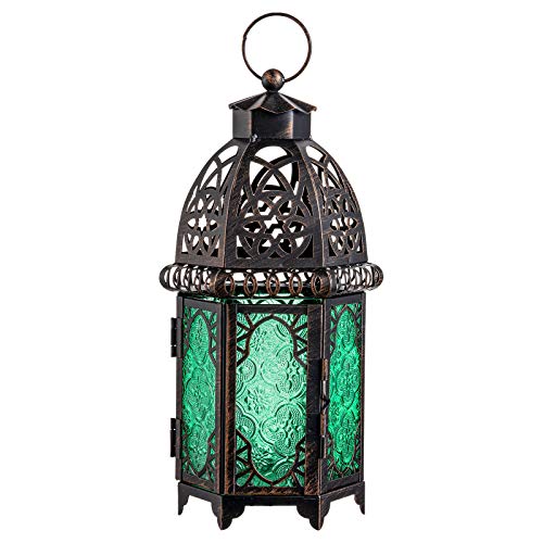 NEEDOMO Hanging Moroccan Lantern, 12.8'' Vintage Candle Holder, Metal Lanterns Decorative Indoor Outdoor, Table, Patio, Porch, Shelf, Gothic Home Decor (Green, Large Size) - color: Green, size: Large