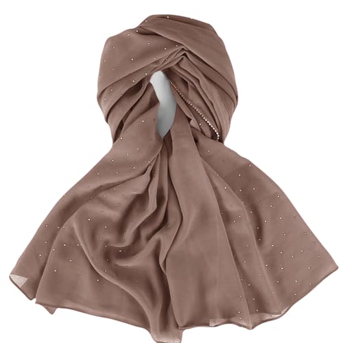 Hijab Scarf for Women Soft Chiffon Rhinestone Long Scarf Shawl Fashion Muslim Hijab Head Wrap Scarves - color: Khaki