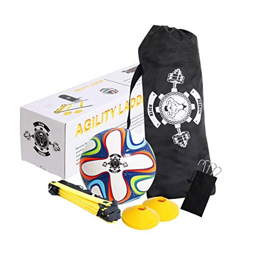 20 feet Speed Training Agility Ladder Carry Bag 12 Heavy Duty Adjustable Yellow Rung 10 disc Cones 4 Hooks Outdoor Workout Football Sport Adult Soccer Ball 2014 World Cup Design Size 5