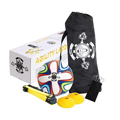 20 feet Speed Training Agility Ladder Carry Bag 12 Heavy Duty Adjustable Yellow Rung 10 disc Cones 4 Hooks Outdoor Workout Football Sport Adult Soccer Ball 2014 World Cup Design Size 5