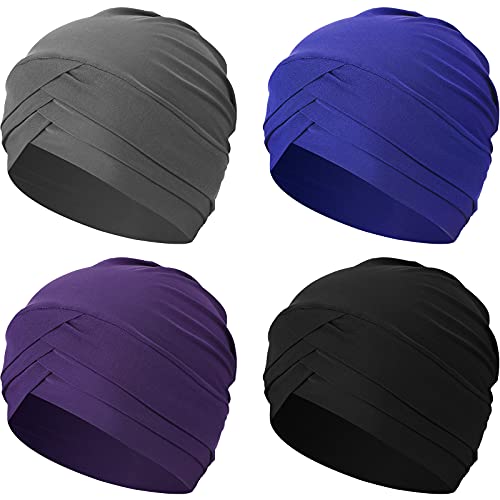 Geyoga 4 Pcs Women Turban Caps Chemo Headwear Cancer Patient Head Covering Soft Pleated Stretchy Head Wrap Sleep Hat - color: Black, Royal Blue, Purple, Gray