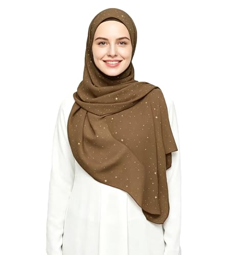 Lina & Lily Sparkle Shimmer Gold Glitter Women's Chiffon Hijab Head Scarf Shawl Wrap Lightweight - color: Mocha Brown