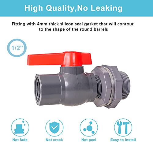 Ququyi 1/2 Inch PVC Rain Barrel Valve Spigot Kit with Ball Valve and Bulkhead Fitting Adapter for Water Tanks, Aquariums, Pools - size: 1/2"+valve