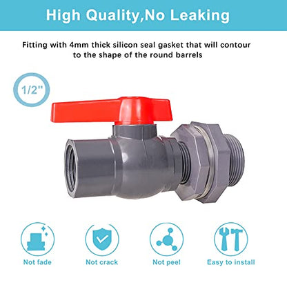 Ququyi 1/2 Inch PVC Rain Barrel Valve Spigot Kit with Ball Valve and Bulkhead Fitting Adapter for Water Tanks, Aquariums, Pools - size: 1/2"+valve
