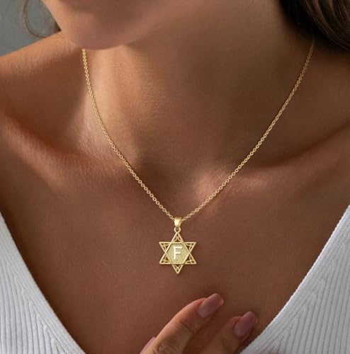 Gold Initial Necklaces for Women Dainty Pendant Letter Necklace 14K Gold Plated Jewish Star of David Religious Jewelry Personalized Gift Non Tarnish Waterproof 16.5-18.5 Inches - style: Initial F