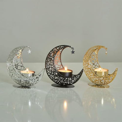 Crescent Moon Candle Holder with Star - Metal Tealight Stand for Ramadan Decor, Candlestick Holder Eid Mubarak, Boho Moon and Star Decorative Ornament for Bedroom, Living Room,Meditation Centrepiece