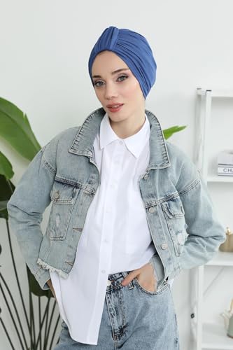 Aisha's Design Instant Turban Plain Cotton Scarf Head Wrap Lightweight Hat Bonnet Cap for Women - color: Indigo
