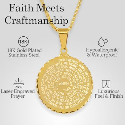 Steeltime Stainless Steel Lords Prayer Necklace with Simulated Diamonds - color: Gold, style: Round Pendant