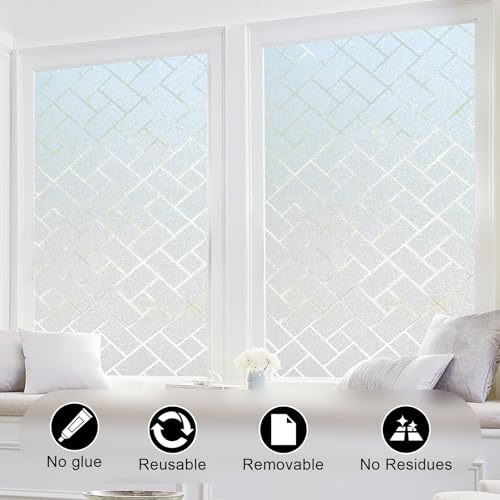 Window Privacy Film, Frosted Glass Static Cling with No-Adhesive Tile Shape Window Cover, Vinyl Stickers for Home Office Glass Sticker Decoration, 17.5 x 78.7 inches