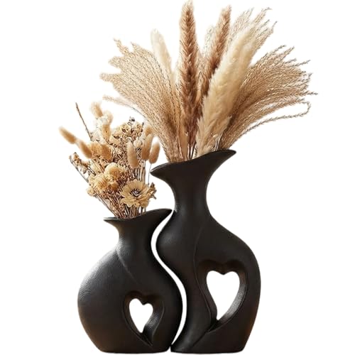 Black Heart Vase Set of 2,Modern Vases for Home Console Table Decor for Living Room Coffee Table Fireplace Bookshelf Decorations（3.5" L x 4.4" W x 8.5" H） - color: Black