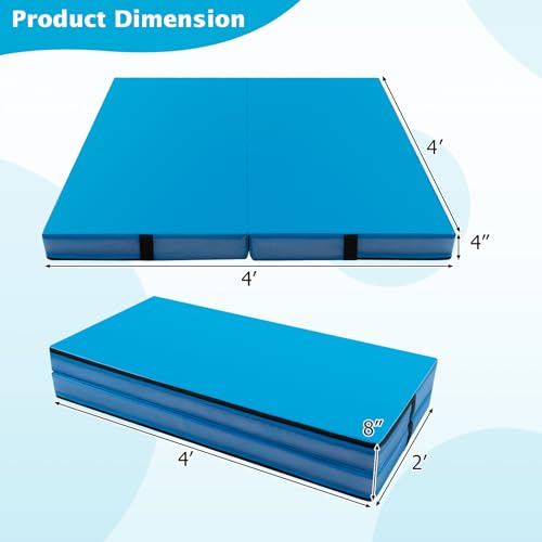 Giantex 4" Thick Folding Gymnastics Mat, 4' x 4' Bio-Folding Exercise Mat with Carry Handles & PU Leather Cover, Gym Home Tumbling Mat for Kids, Yoga, Fitness, Pilates & Martial Arts - color: Blue
