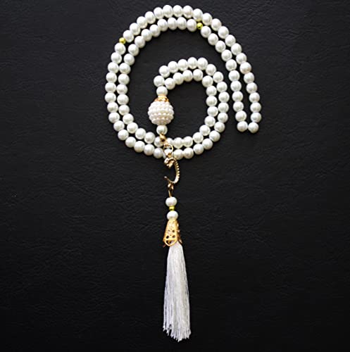 ESERRA Kufi Hats for Men - Prayer Cap, Handicraft Taqiyah, Muslim Tasbih 99 Beads, Prayer Beads - color: White