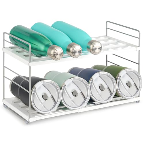 Water Bottle Organizer For Cabinet, Adjustable Tumbler Storage, Expandable Water Bottle Holder For Kitchen Organization, 2 Tier Cup Organizer For Sports Flask Insulated Travel Mug Fridge, White - size: 2 Tier-7