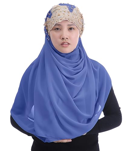 Lina & Lily Premium Chiffon Hijab Head Scarf Wrap with Gold Sequins Glitters Beads for Muslim Women - color: Denim Blue