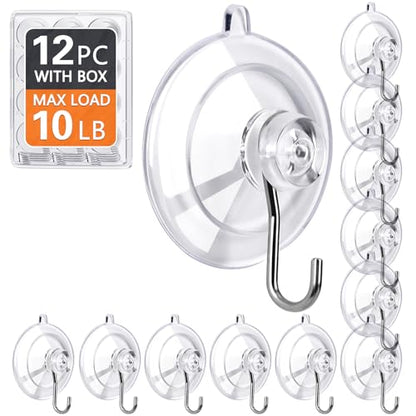Suction Cup Hooks 12Pack - Max Load 10LB, 1.77Inch Clear Medium Suction Cups, No Trace, Reusable & Removable, Stainless Steel Hooks, for Tile, Glass, Window, Shower, Kitchen, Bathroom - size: 12pc-Medium Size