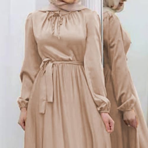 JEKE-DG Women Long Sleeve Maxi Dress Elegant Formal Loose Clothes Full Cover Arabian Robe Prayer Clothes with Belt (Large,Apricot)