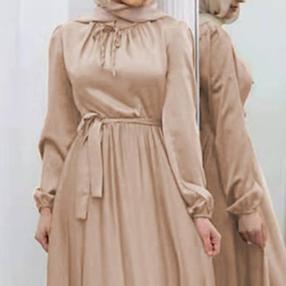 JEKE-DG Women Long Sleeve Maxi Dress Elegant Formal Loose Clothes Full Cover Arabian Robe Prayer Clothes with Belt (Large,Apricot)