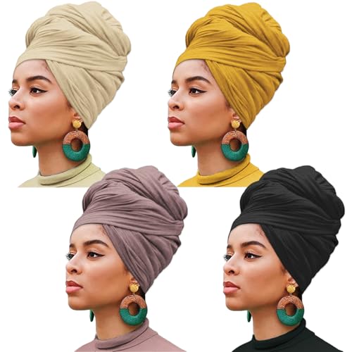 XTREND 4 Pieces Stretch Head Wrap Jersey Turban Fashion Headband for Women Long Hijab Soft Breathable Turbans African for Women (Black, Turmeric, Leather Powder, Beige) - color: Black, Turmeric, Leather Powder, Beige
