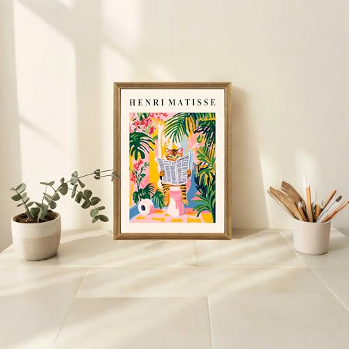 ICHZUMW Framed Funny Tabby Cat Matisse Canvas Bathroom Wall Art, 12x16 In - color: Matisse Reader, size: 16"L x 12"W