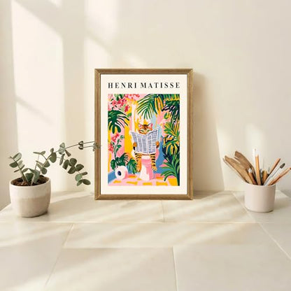 ICHZUMW Framed Funny Tabby Cat Matisse Canvas Bathroom Wall Art, 12x16 In - color: Matisse Reader, size: 16"L x 12"W