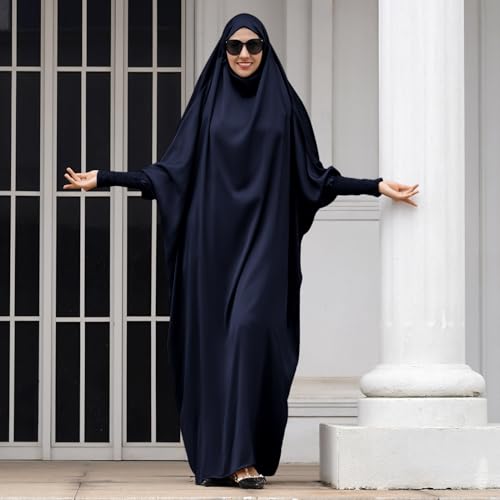 IDOPIP Muslim Abaya for Women One Piece Long Sleeve Islamic Prayer Dress with Hooded Hijab Maxi Kaftan Robe Modest Clothes - color: Navy Blue