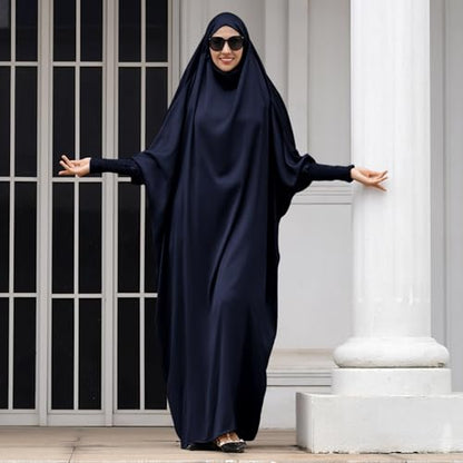 IDOPIP Muslim Abaya for Women One Piece Long Sleeve Islamic Prayer Dress with Hooded Hijab Maxi Kaftan Robe Modest Clothes - color: Navy Blue