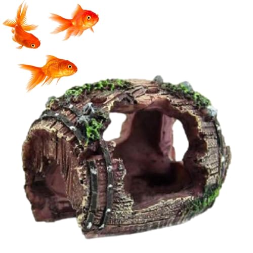 Aquarium DecorBroken Barrel Design Resin OrnamentResin Fish Aquarium Decorations | for Small Pets Shrimp Starfish Turtle Jellyfish Reptile Freshwater