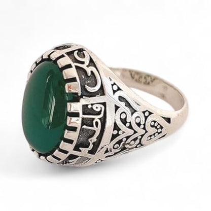 Islamic Sterling Silver Ring with Black Yemeni Aqeeq Stone, 925 Silver Religious Engraved Design, Ahlulbayt Muslim Prayer Jewelry for Men and Women,islamic ring,islamic men wowan ring - color: Green Yemeni Agate