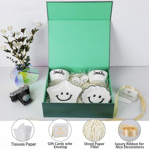 UoeRing 6 Pcs Green Gift Box Large 11.5x8x4 Inch with Magnetic Lid | Collapsible Luxury Present Box,for Birthday,Christmas Holiday Gift Includes Card,Ribbon,Tissue Paper & Shredded Filler - color: 13.5x11.8x4.7 Inch-Green-Pack of 6