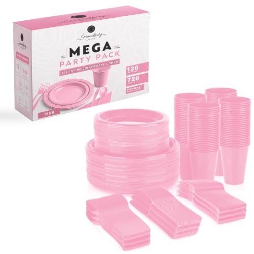 Grandipity Disposable Plastic Dinnerware Sets for Parties (720 pcs) - color: Pink, size: 120 Guests (720 PCS)