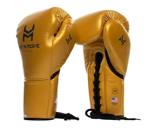 HIT N MOVE All Day Pro Balance Sparring and Bag Boxing Gloves LACE UP, Boxing Gloves Men & Women, Boxing Equipment, Sparring & Bag Gloves for Boxing, Kickboxing, Muay Thai, MMA - color: Gold, size: 14 OZ