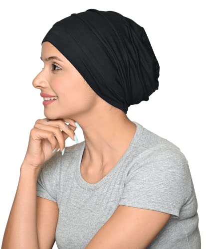 Chemo Silky Soft Slouchy Snood Bamboo Cap Beanie for Women Cancer Hair Loss Turban Hat Chemo Headwear Women - color: Ss200black