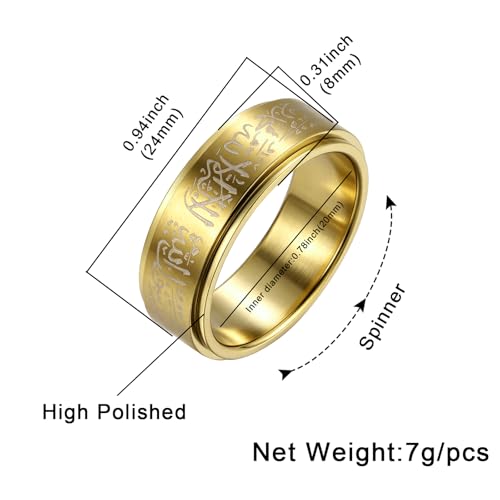 Hipunk Stainless Steel Islamic Muslim Shahada Ring - Mohammad Arabic Letter Rings Band Prayer Religious Calligraphy Ayatul Kursi Allah Rings Eid Ramadan for Men Women Size 9-12 - color: Rotatable-gold plated