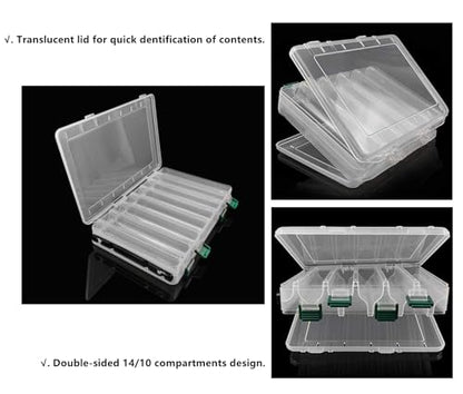 Double-Sided Fishing Lure Hook Tackle Box Visible Hard Plastic Clear Fishing Lure Bait Squid Jig Minnows Hooks Accessory Storage Case Container (Clear-14 Slots) - color: Clear-14 Slots